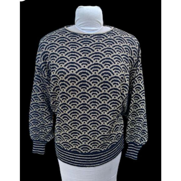 Adrienne Vittadini Vintage Geometric Black & Gold Metallic Print Lurex Sweater S - Picture 2 of 10